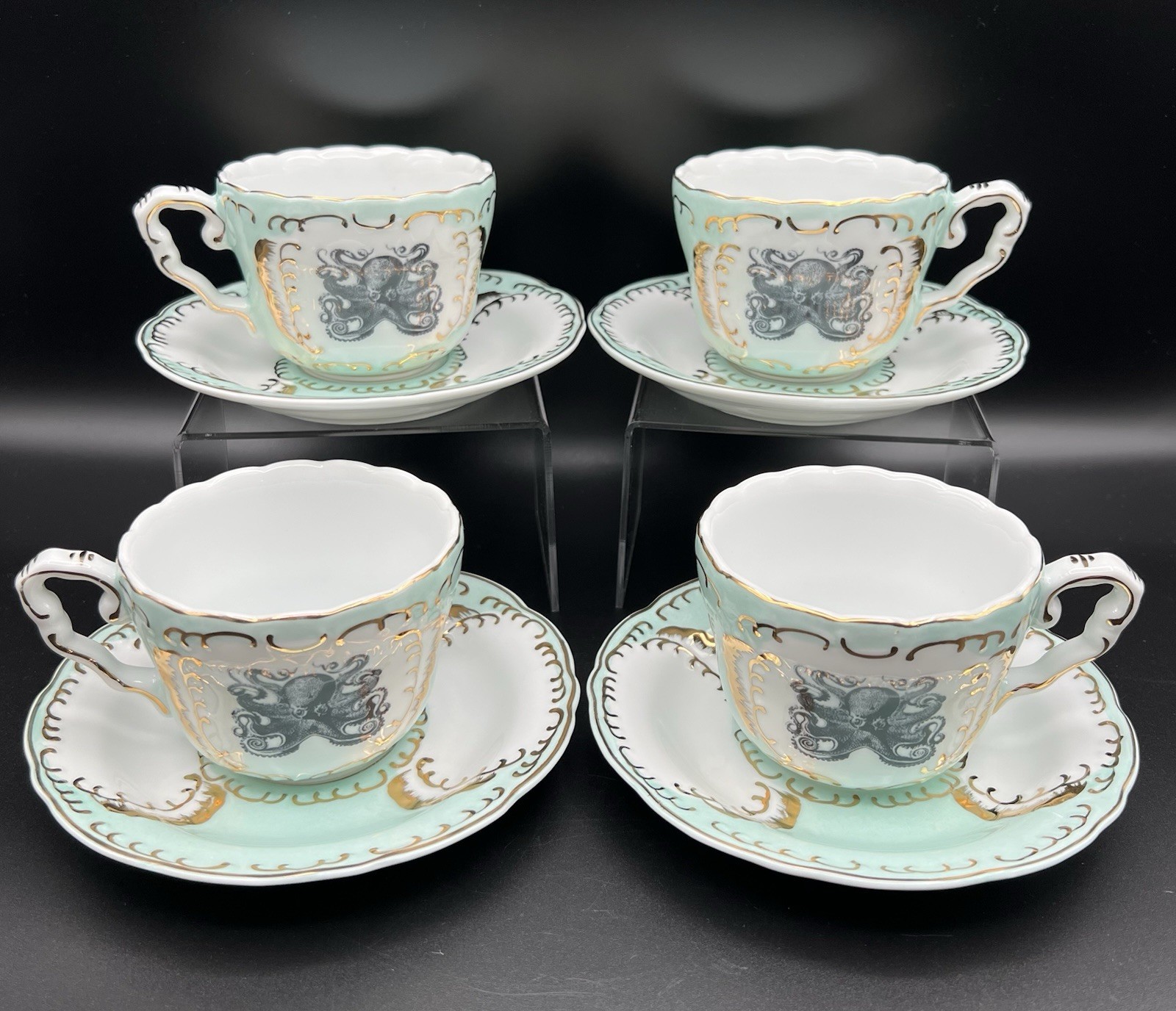 Angioletti Designs Vegan Bone China Mint Green Teacup & Saucer w Black Octopus