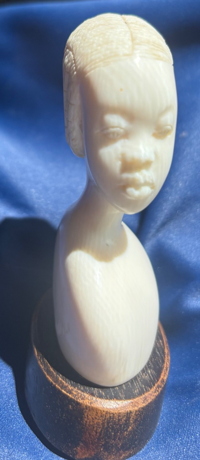 Vintage Signed African Woman Bust Carved Sculpture on Wooden Base