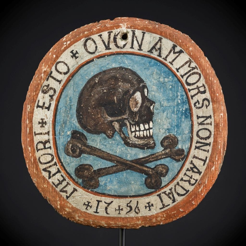 Memento Mori | 1756s Death Plaque  | Wood Painted Vanitas | 18th C Skull | 10”_