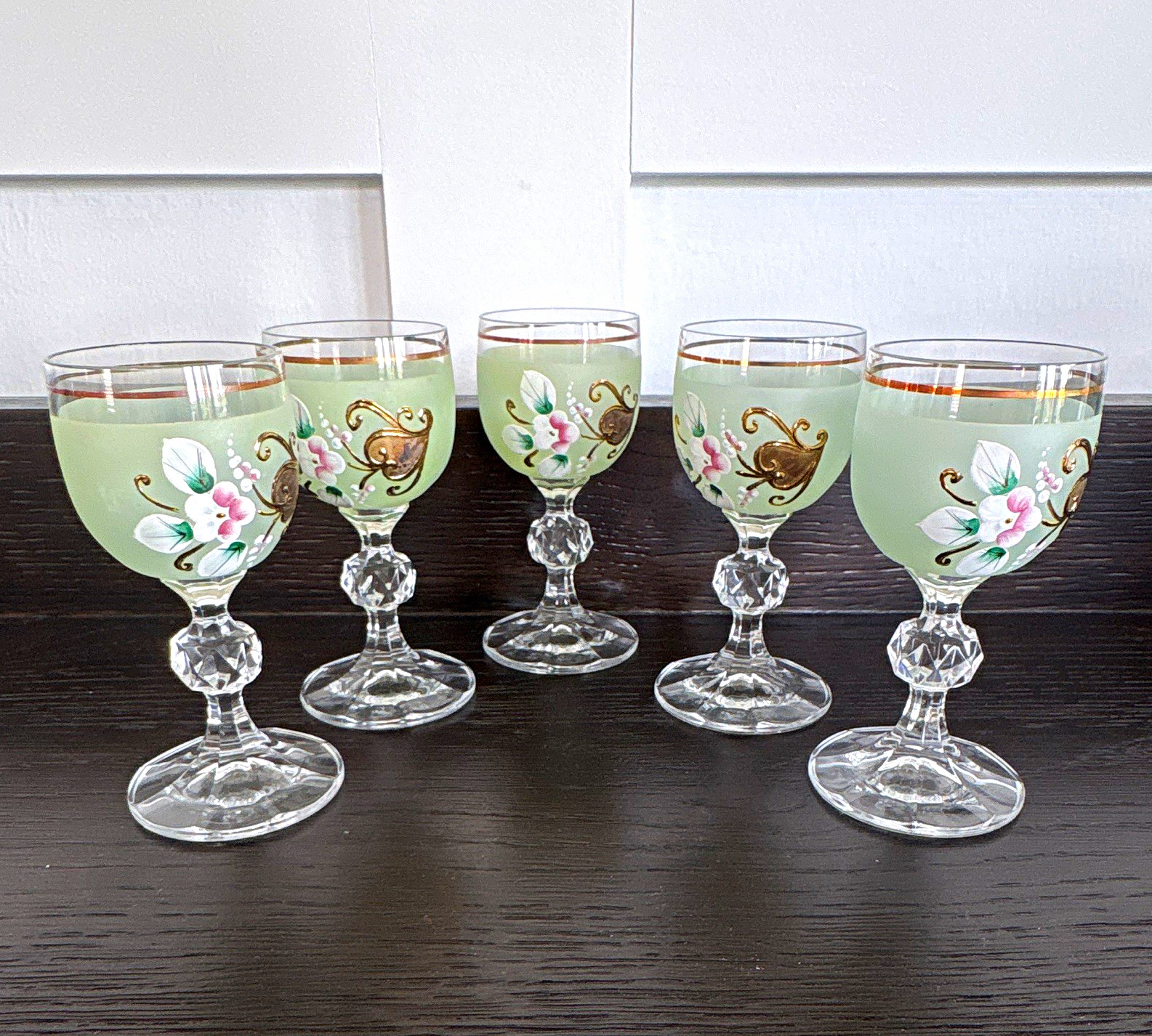 Vintage Satin Green Cordial Glasses Set of 5 Floral Gold Trim Stemmed Liqueur Vintage Satin Green Cordial Glasses Set of 5 Floral Gold Trim Stemmed Liqueur