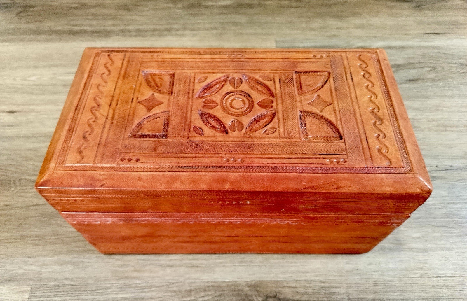 Vintage Tooled Leather Wooden Jewelry Box Hand Carved Trinket Chest Boho Storage
