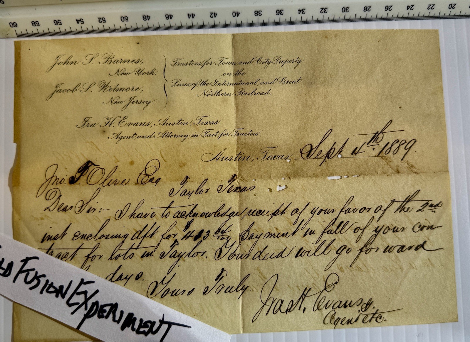 Sheriff John T Olive September 4, 1889 IGN Railroad Trustee Ira Evans Taylor Lot
