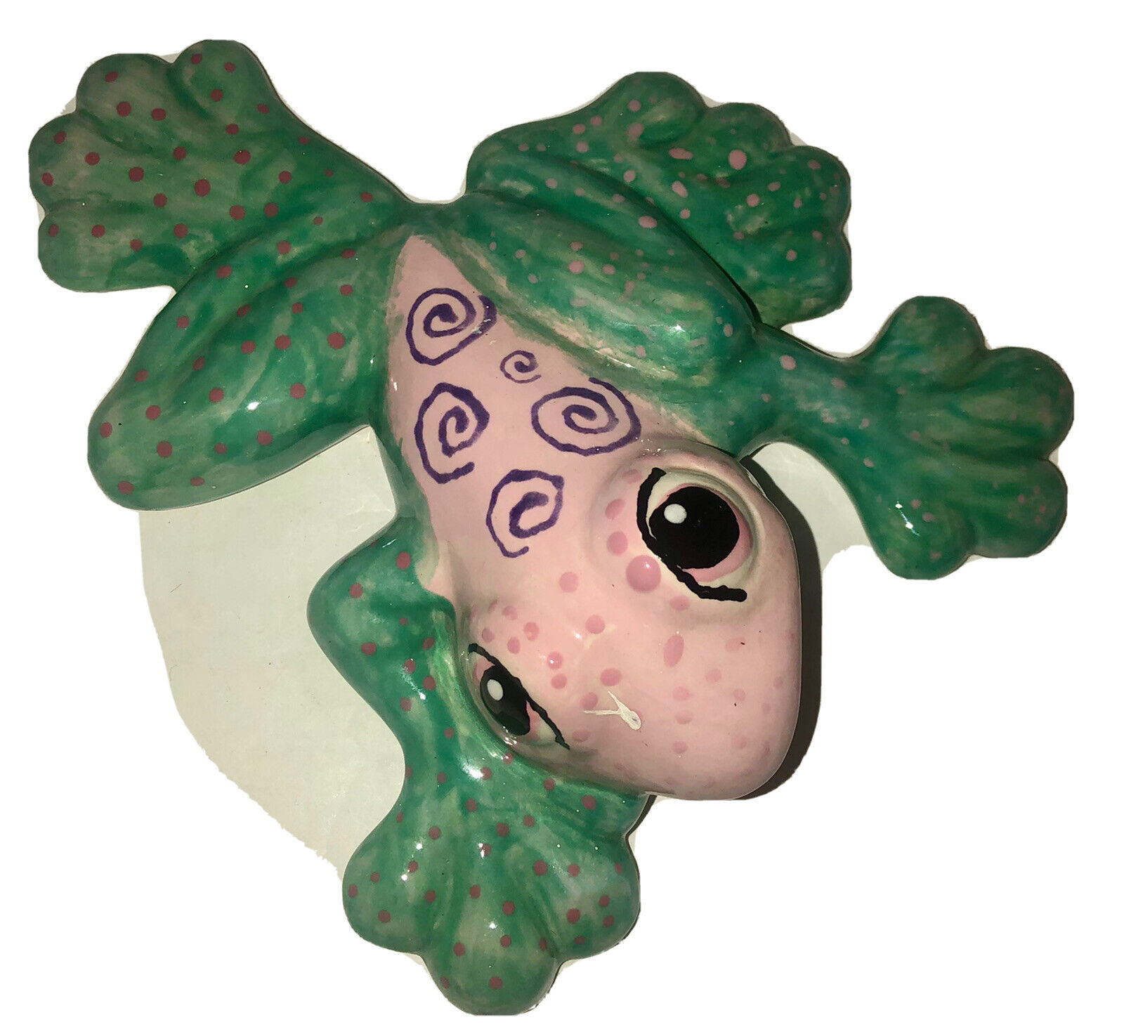 Signed Hobbyist’s Whimsical Ceramic Wall Light Green, Poka Dot Pink Purple Frog