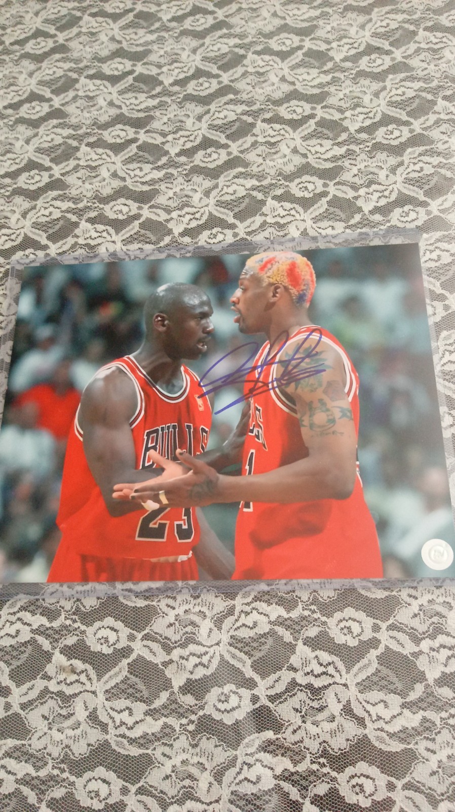 SIGNED Dennis Rodman AUTOGRAPHED Michael Jordan CHICAGO BULLS Glossy Photo COA