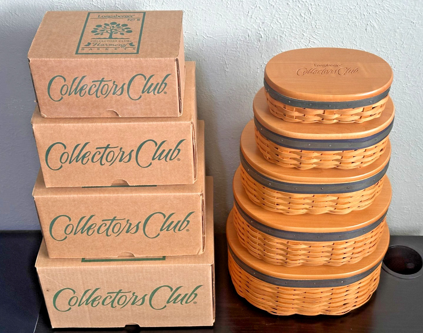 LONGABERGER COLLECTORS CLUB HARMONY STACKABLE BASKETS (5) W/ PROTECTORS & BOXES