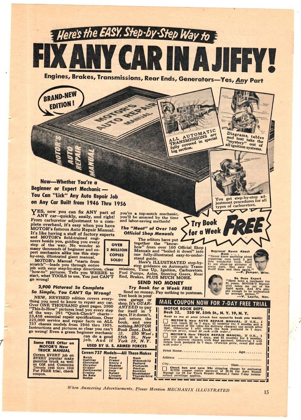 1957 Print Ad  Motor\'s Auto Repair Manual Fix Any Car in a Jiffy Try Book Week