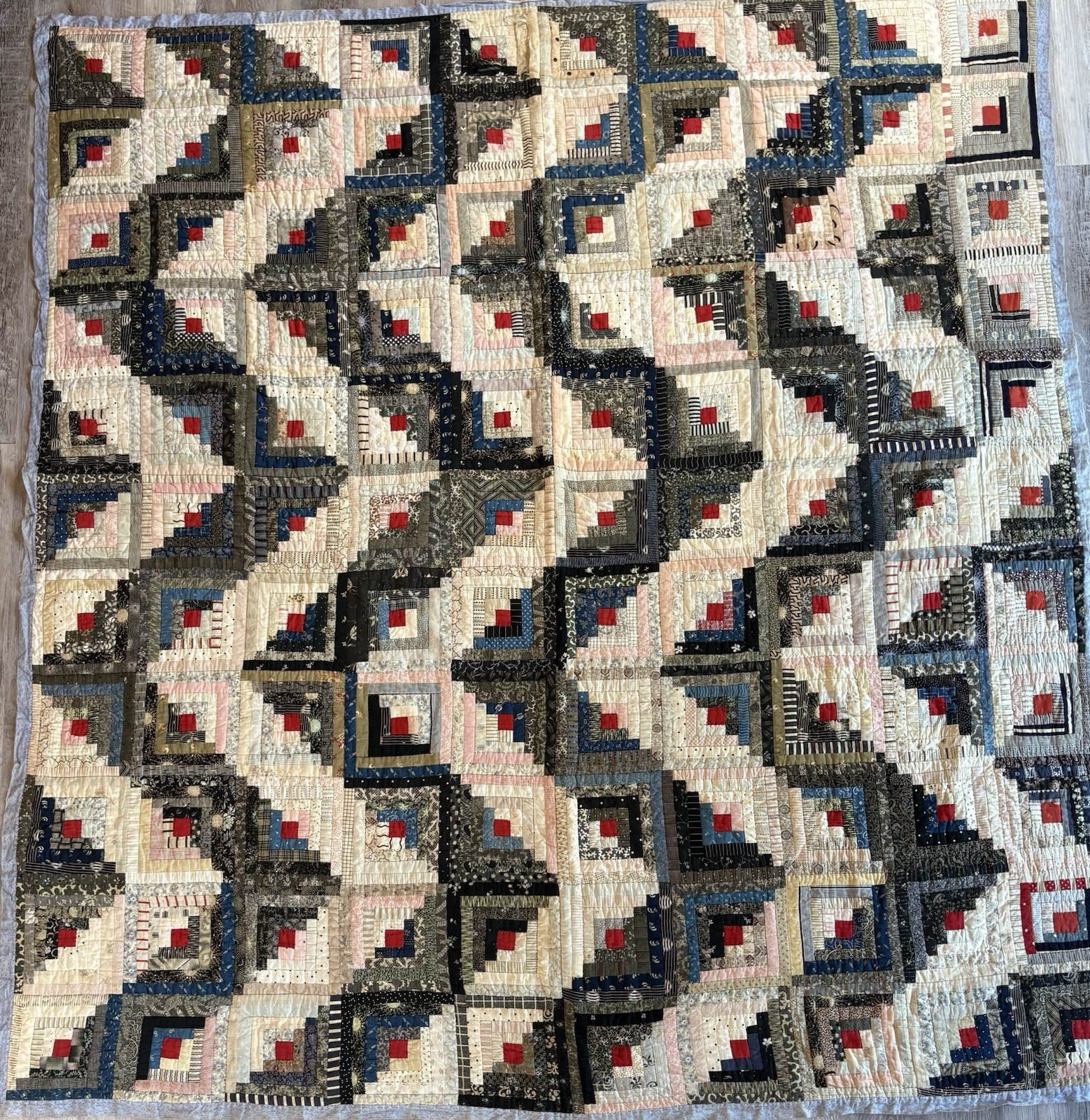 Antique Log Cabin Patchwork Quilt Fields & Furrows 1880s Indigo Turkey Red