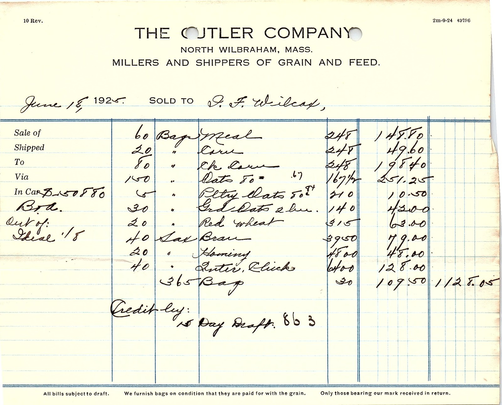 1925 The Cutler Co. North Wilbraham Grain Feed Billhead
