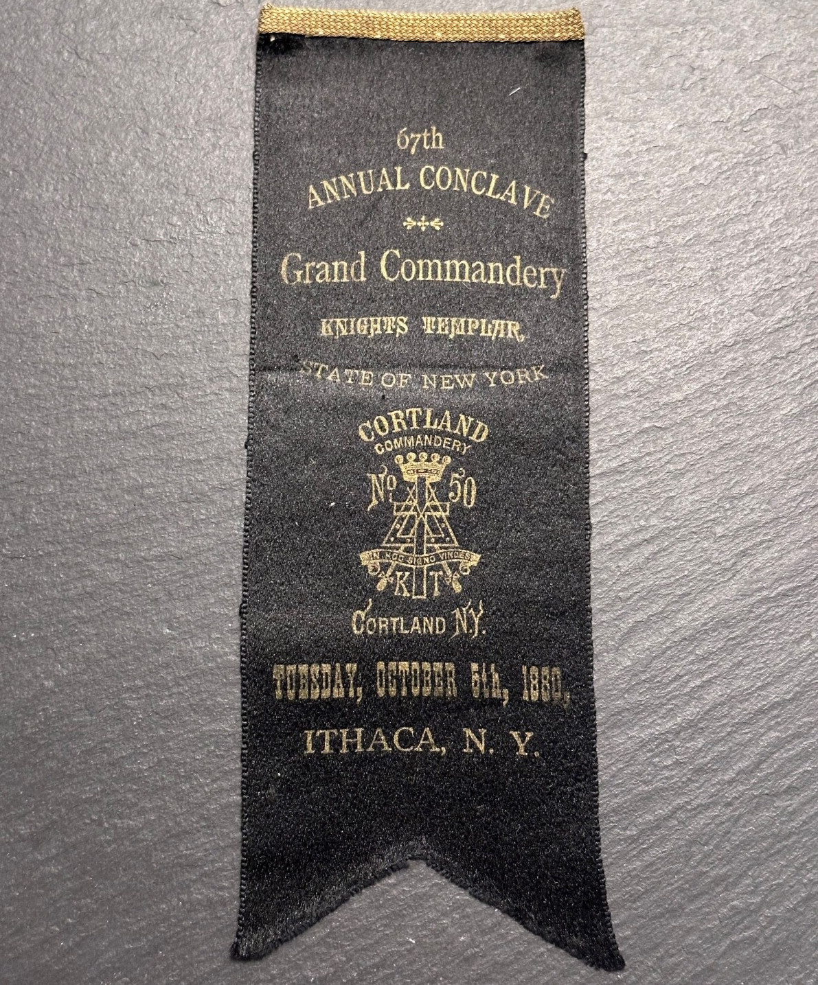1880 ITHACA, NY KNIGHTS TEMPLAR 67TH CONCLAVE COURTLAND #50 RIBBON B232