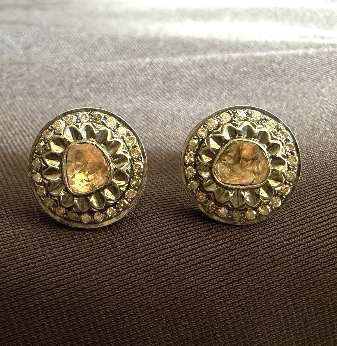 S.S + 14K YG - VICTORIAN ROSE CUT DIAMOND (.50Ct.) FLORAL BUTTON EARRINGS