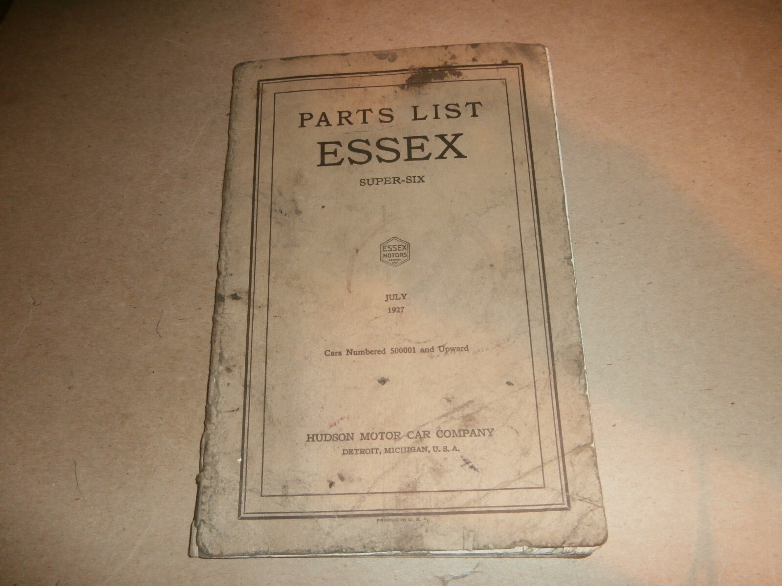 Vintage Essex Super-Six Parts List Manual 1927 Hudson Motor Car Co