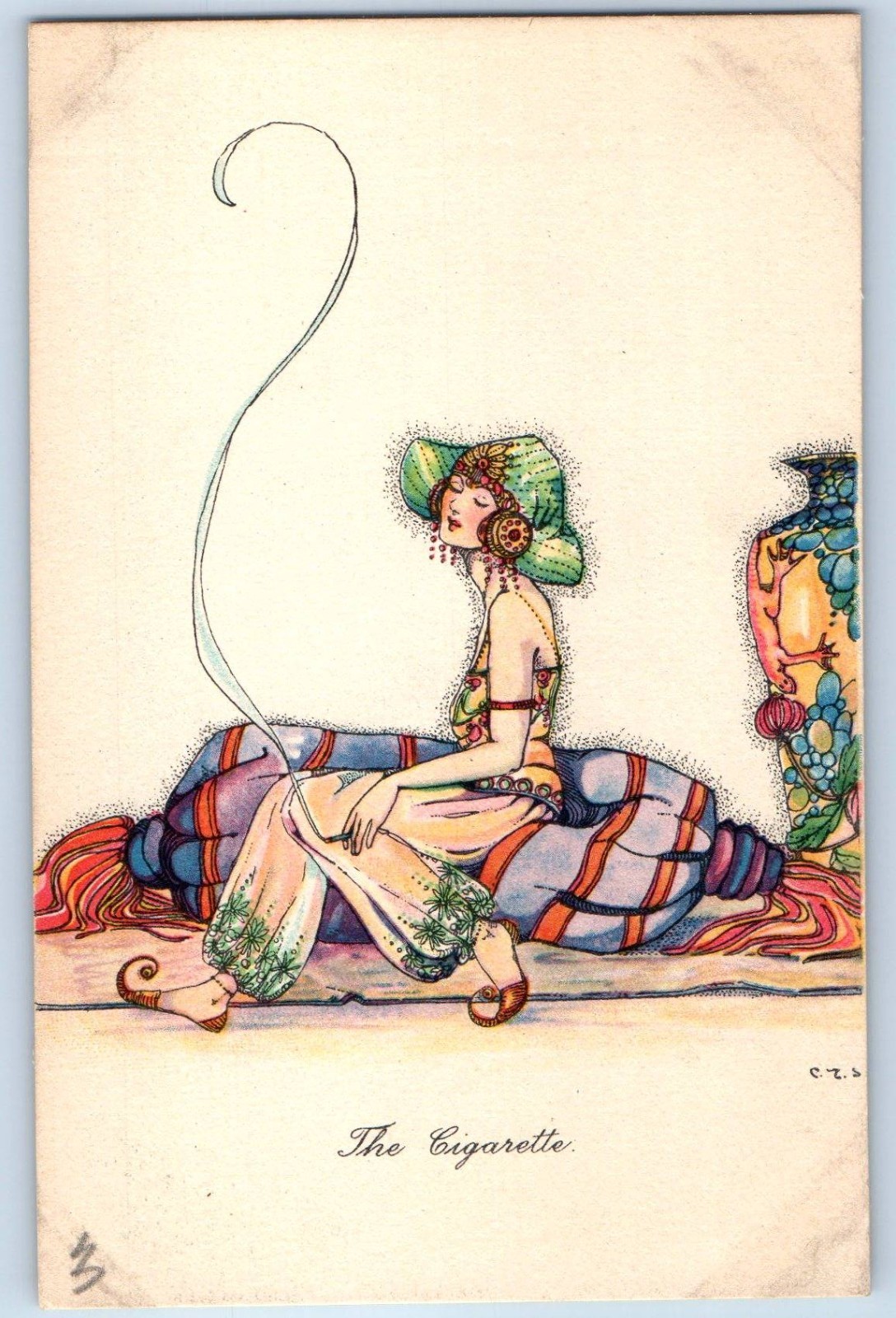 c1910's Woman The Cigarette Art Nouveau C E Shand Antique Unposted Postcard