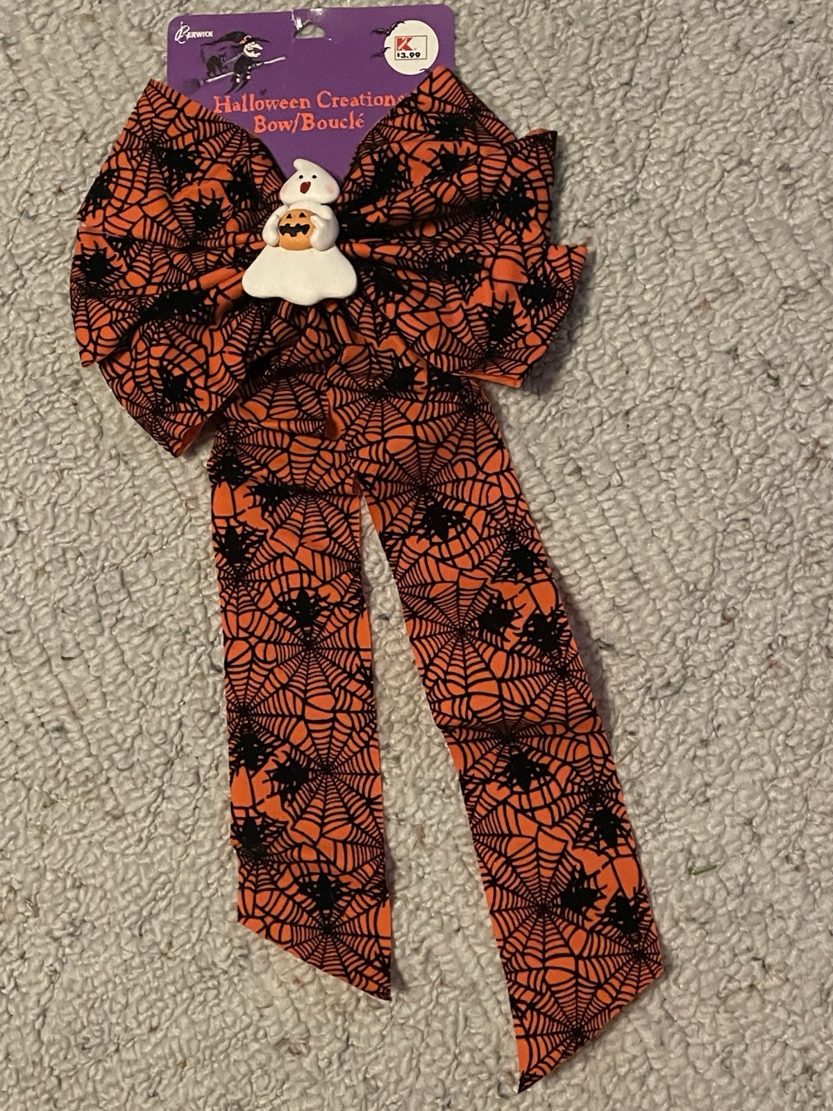 Vintage Halloween Orange Felt Bow with Ghost Spider Web K Mart Decoration