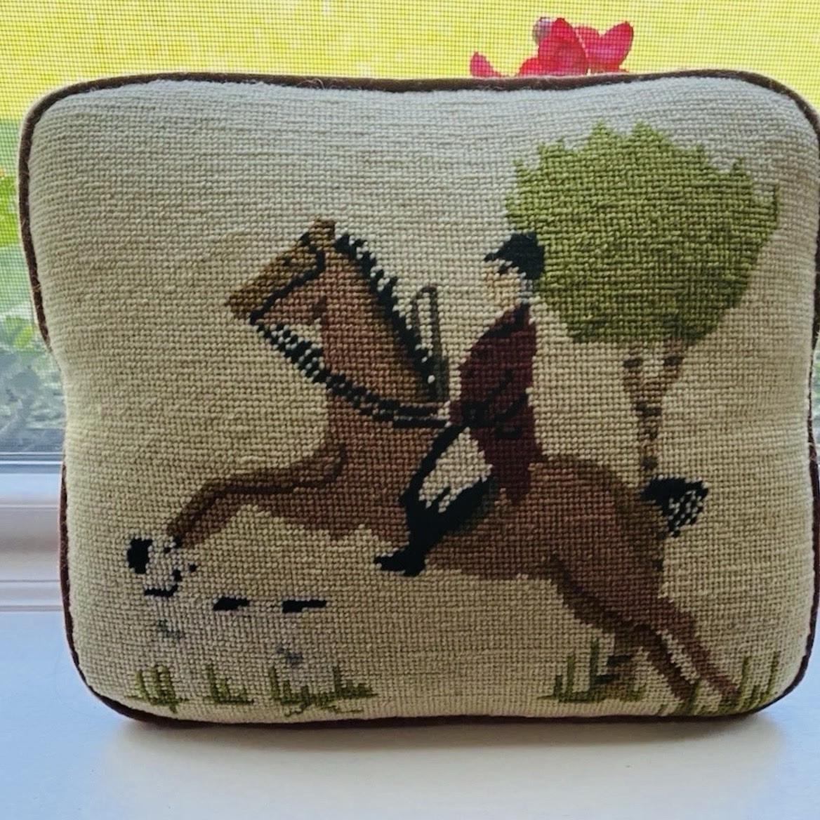 Vintage Needlepoint, accent, pillow￼horse and rider with his hunt dog/equestrian