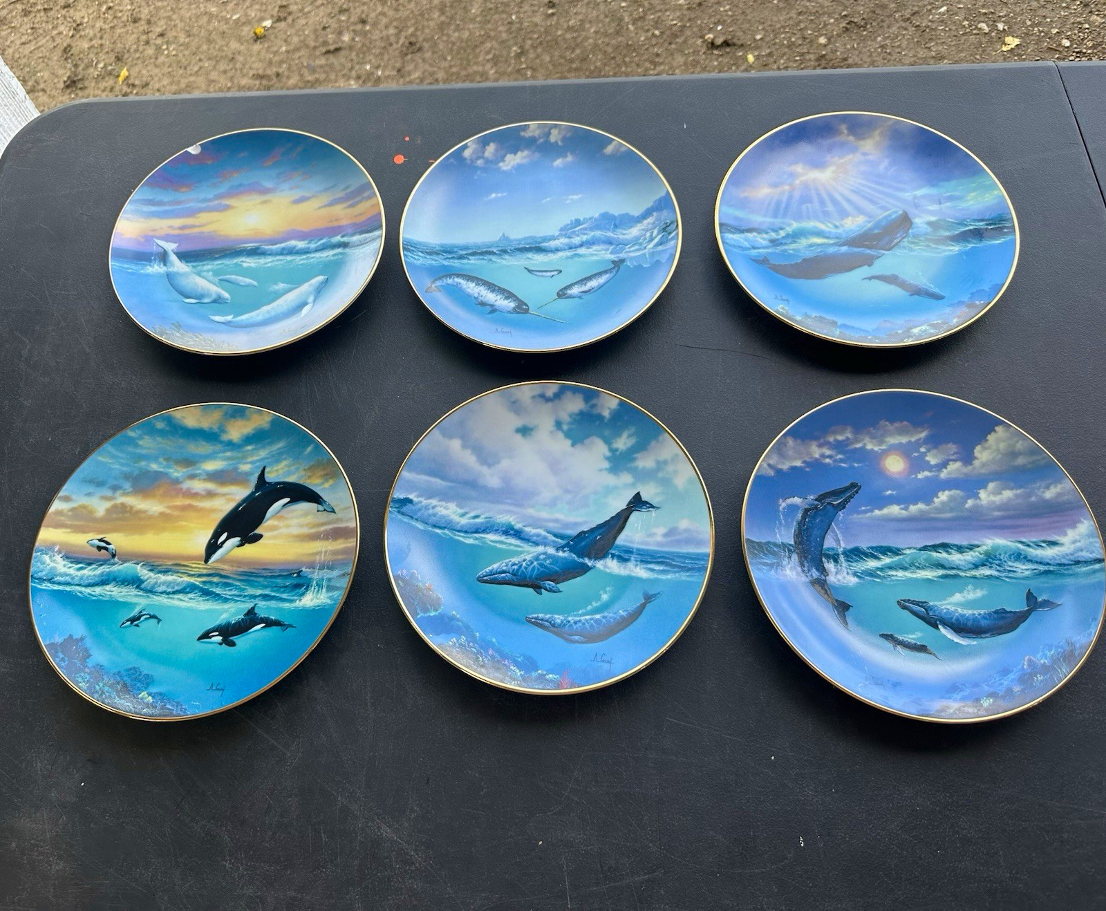 Set of 6 Dolphin Ocean Scene Collector Plates Blue with Gold Rim Set of 6 Dolphin Ocean Scene Collector Plates Blue with Gold Rim