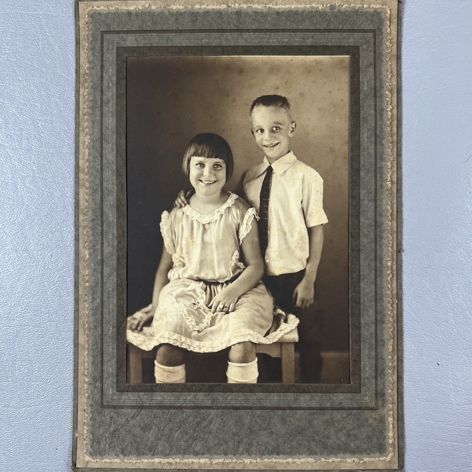 Vintage 1920s Portrait Photo Two Children Boy Girl Siblings Jewelry Rings Vintage 1920s Portrait Photo Two Children Boy Girl Siblings Jewelry Rings