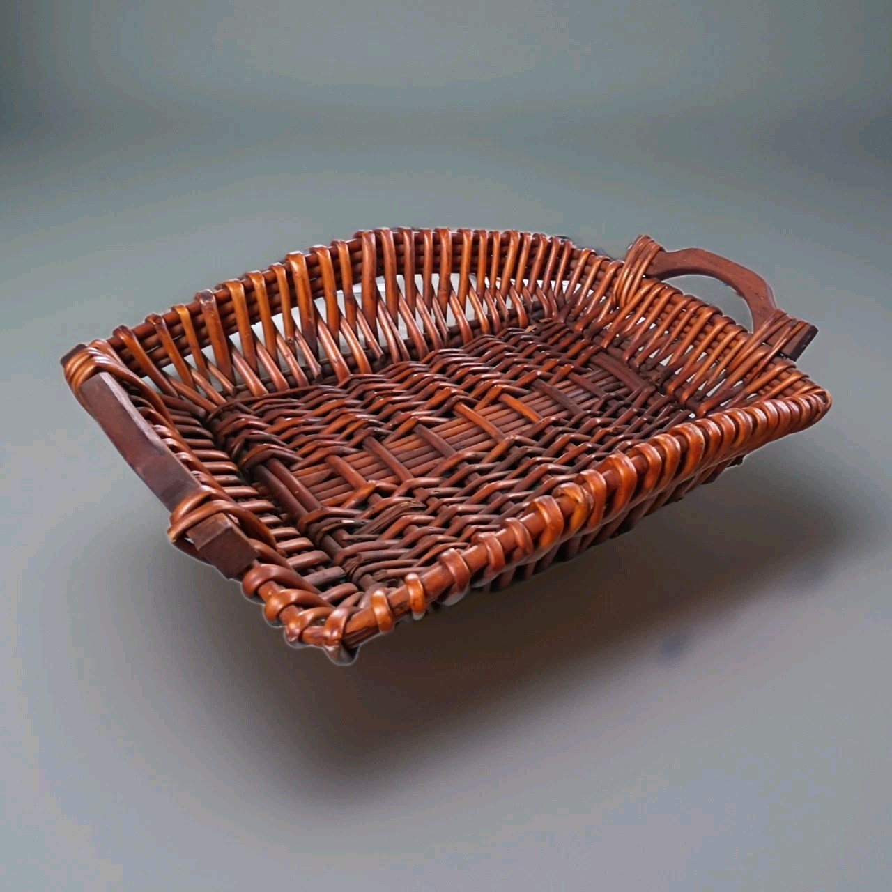 Large Vintage Jumbo Rattan Hearth Basket • Hand Carved Mahogany Handles • Heavy