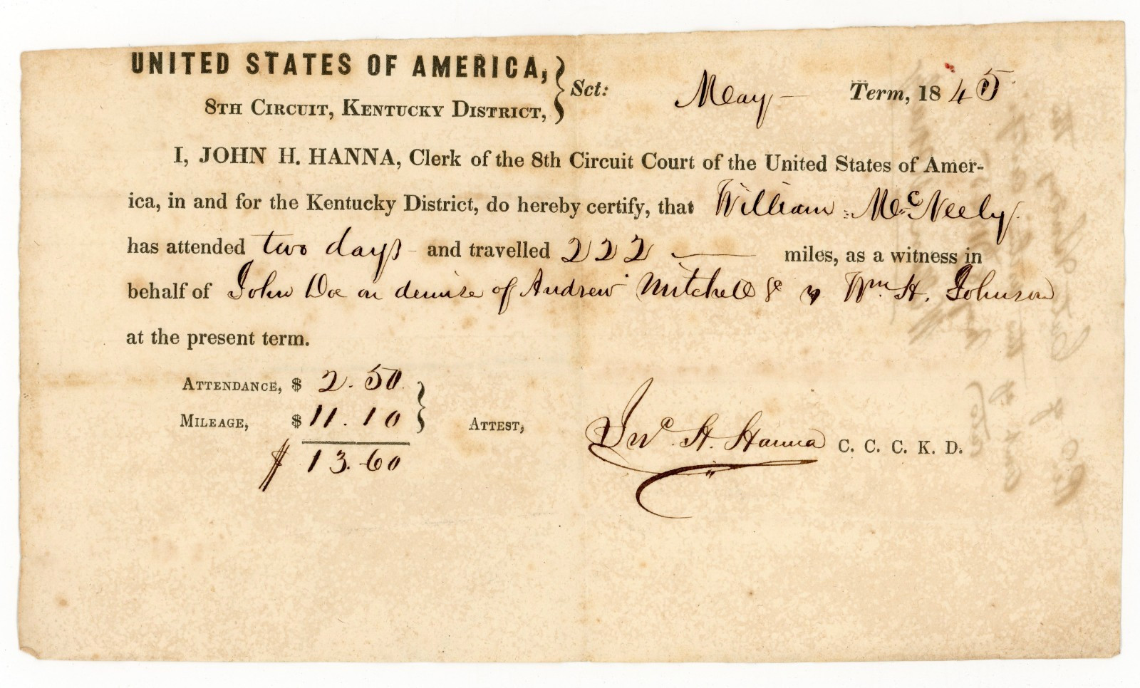 1845 U.S. 8th Circuit Court Witness Certificate Kentucky SIGNED McNeely & Hanna