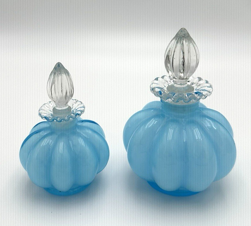 Pair Vintage Fenton Blue Melon Overlay Art Glass Powder Blue Perfume Bottle Pair Vintage Fenton Blue Melon Overlay Art Glass Powder Blue Perfume Bottle