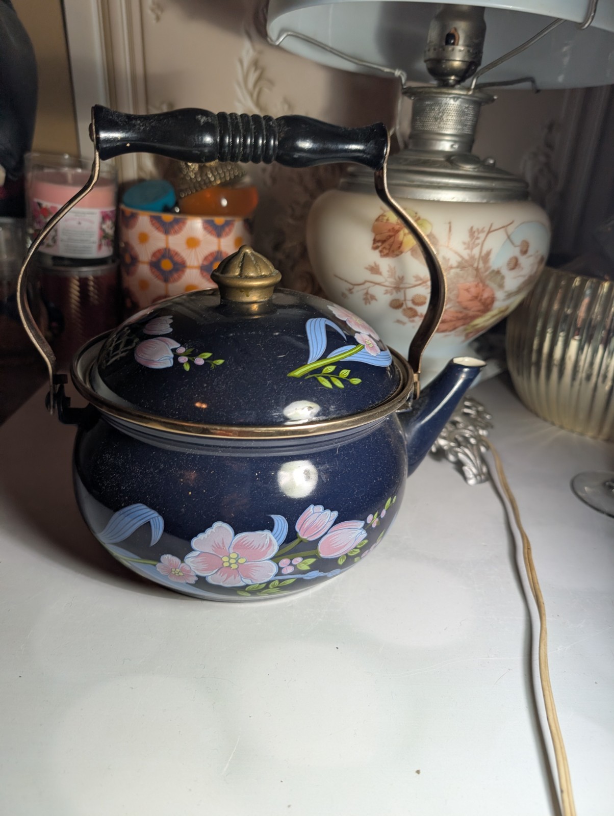 VGC Gailstyn-Sutton Jardine Collection Porcelain Enamel Tea Pot Kettle Blue 1985
