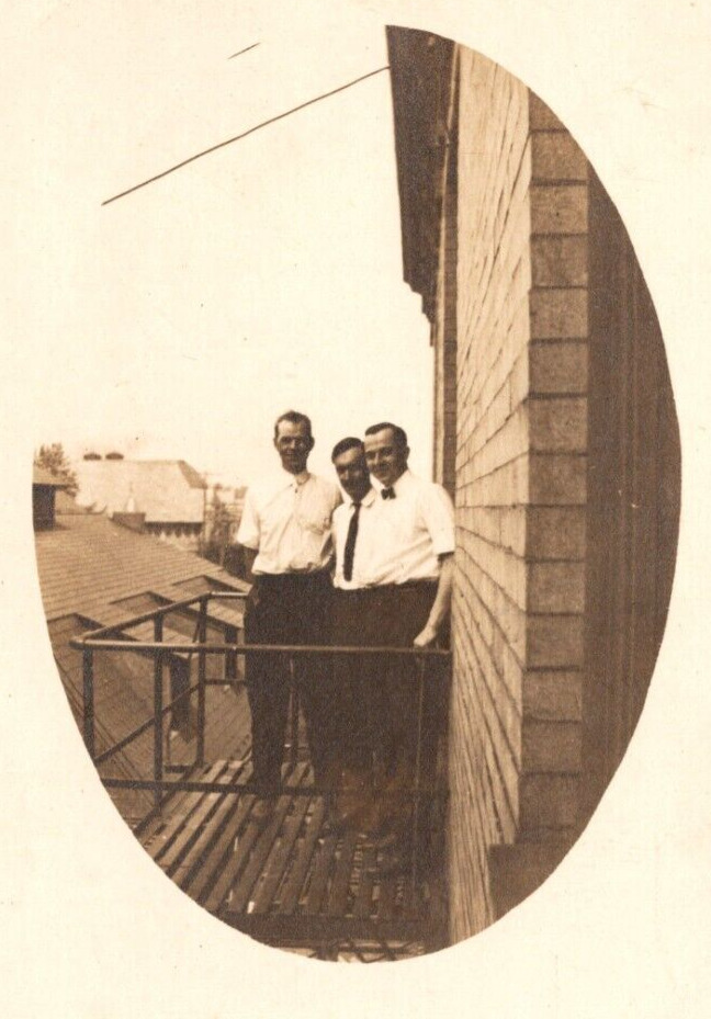 RPPC Group of Men On Building Balcony CLASSIC Image Rooftops VINTAGE Postcard