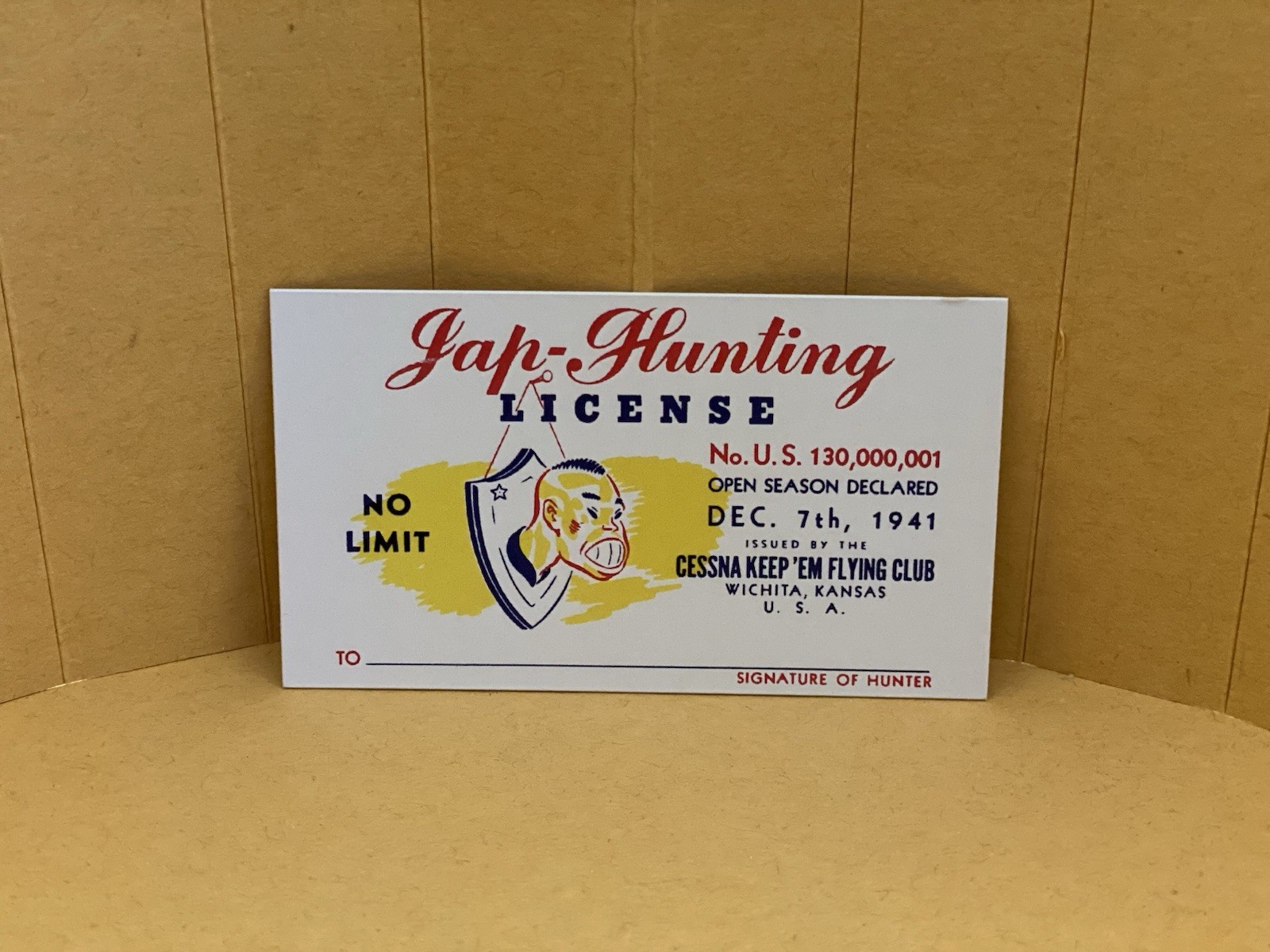 JAP HUNTING LICENSE-CESSNA KEEP 'EM FLYING CLUB MEMBERSHIP CARD-VINTAGE REPLICA