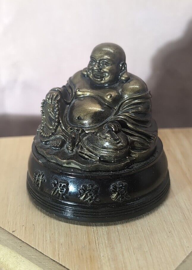 Vintage Brass Tiny Laughing Buddha On Wood Pedestal  Good Luck Fortune