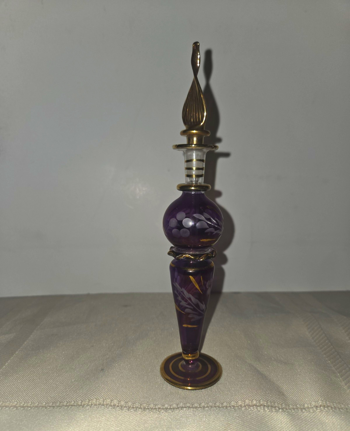 Egyptian Vintage Glass Perfume Bottle Hand Blown Purple Gold 5 3/4” w/ stopper