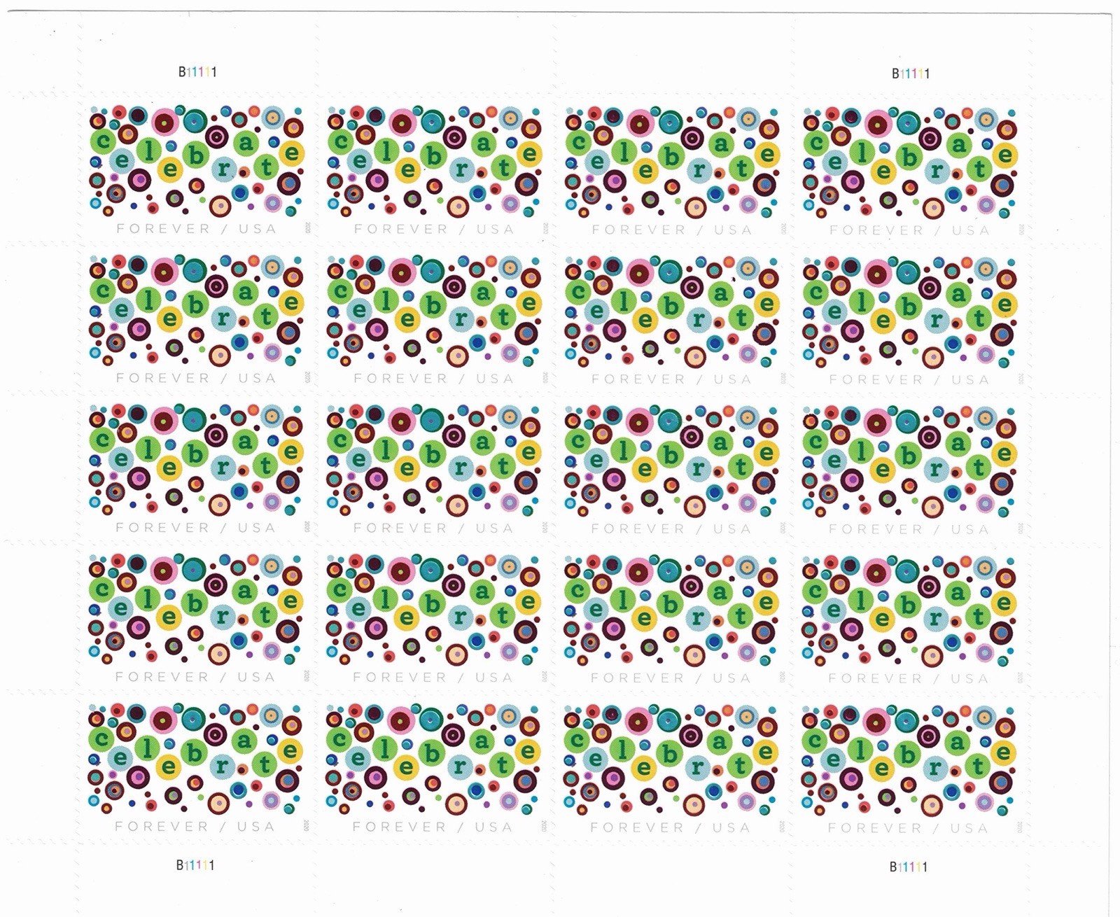 USPS Let\'s Celebrate Confetti First Class Letter Sheet of 20 POSTAGE STAMPS