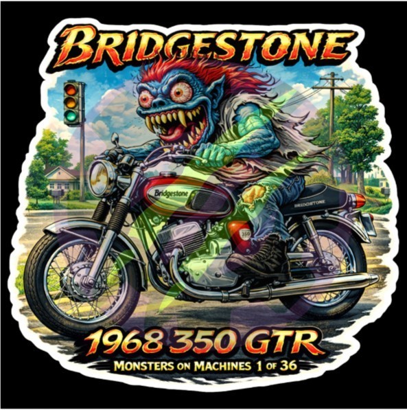 1968 Bridgestone 350 GTR Motorcycle 9x9cm Durable Die-Cut Vinyl Sticker 1 of 36
