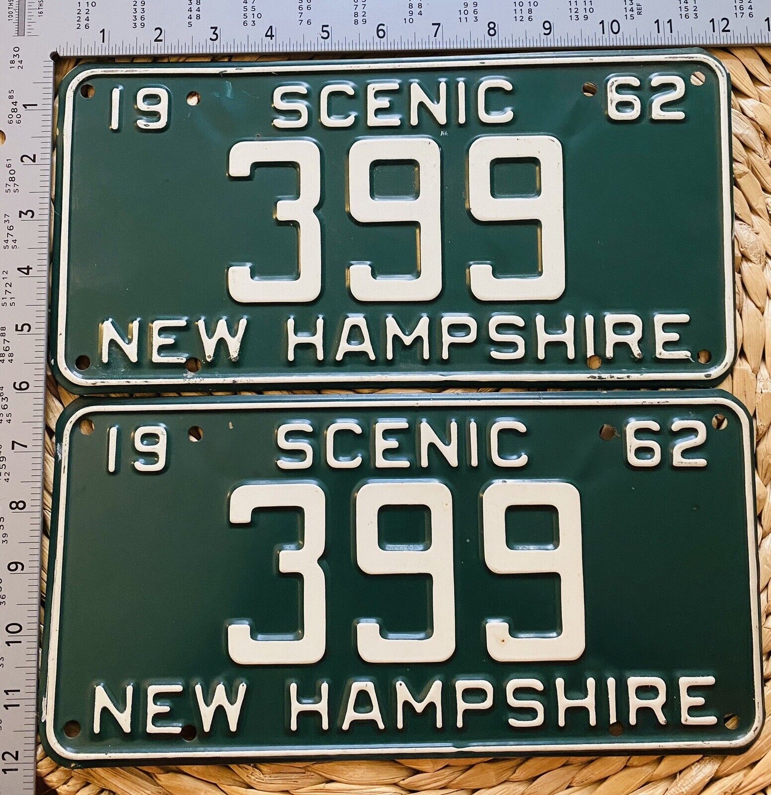 1962 New Hampshire License Plate 399 PAIR Decor Low Number Green White ALPCA