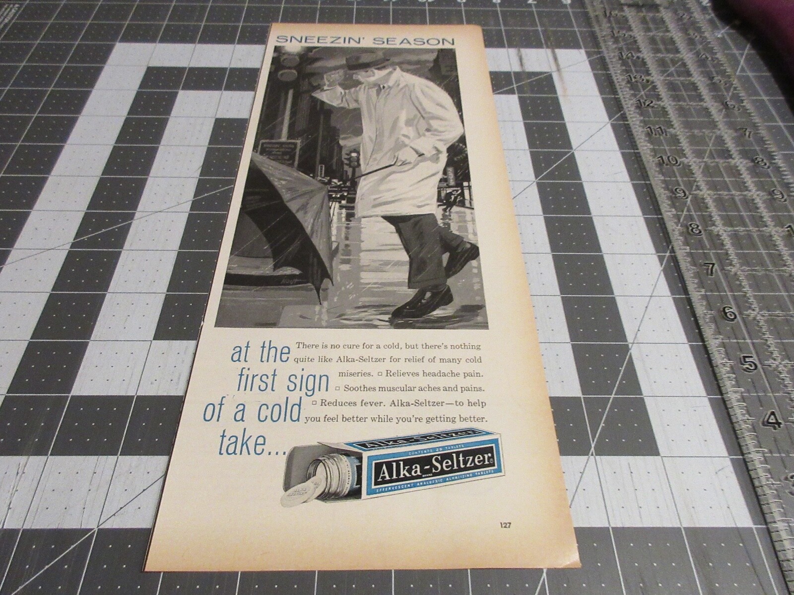 1962 SNEEZIN\' SEASON Alka-Seltzer for Colds Health Care AD man on city street 1962 SNEEZIN\' SEASON Alka-Seltzer for Colds Health Care AD man on city street