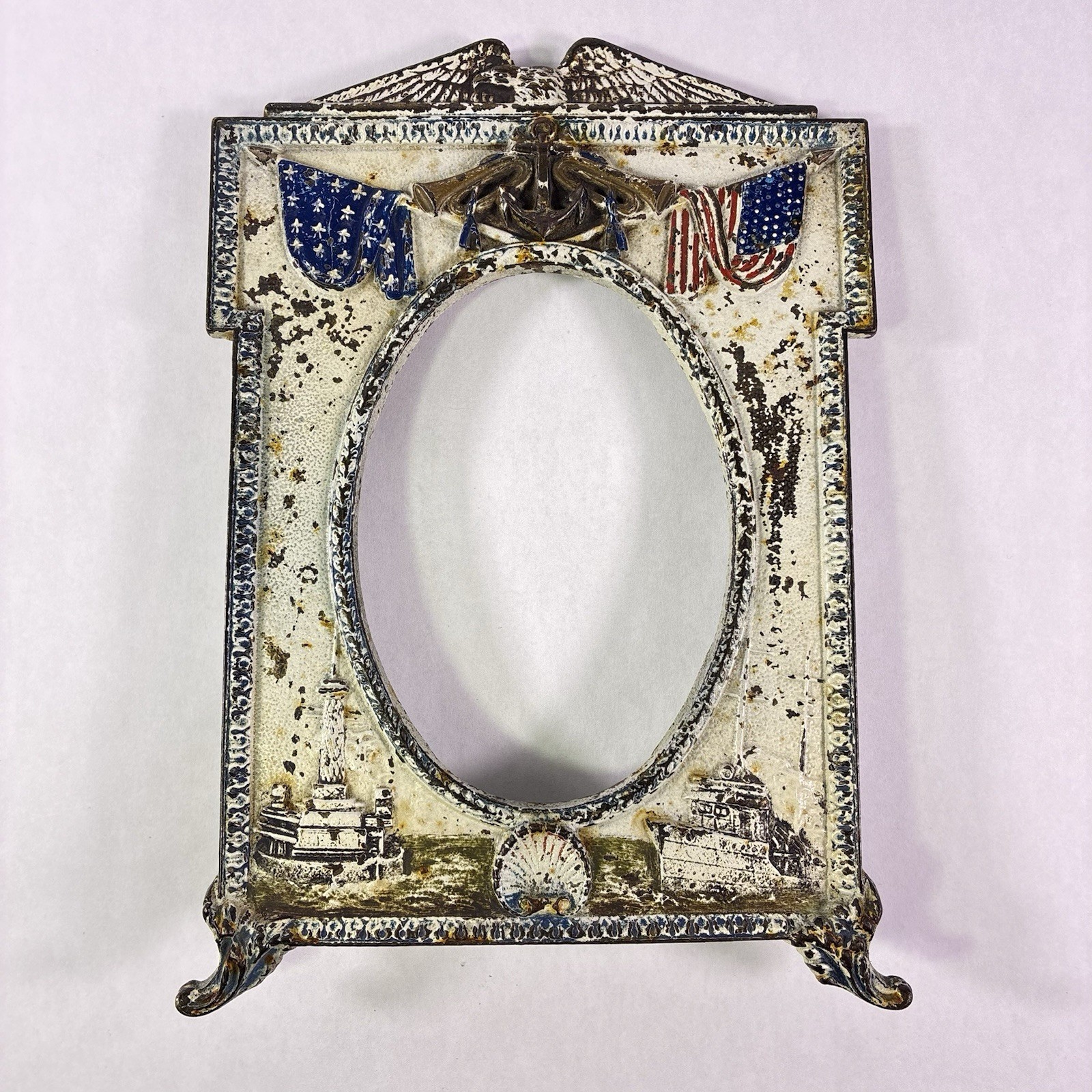 Antique WW1 U.S. Military Navy Patriotic Cast Iron Picture Frame Ships Eagle Vtg