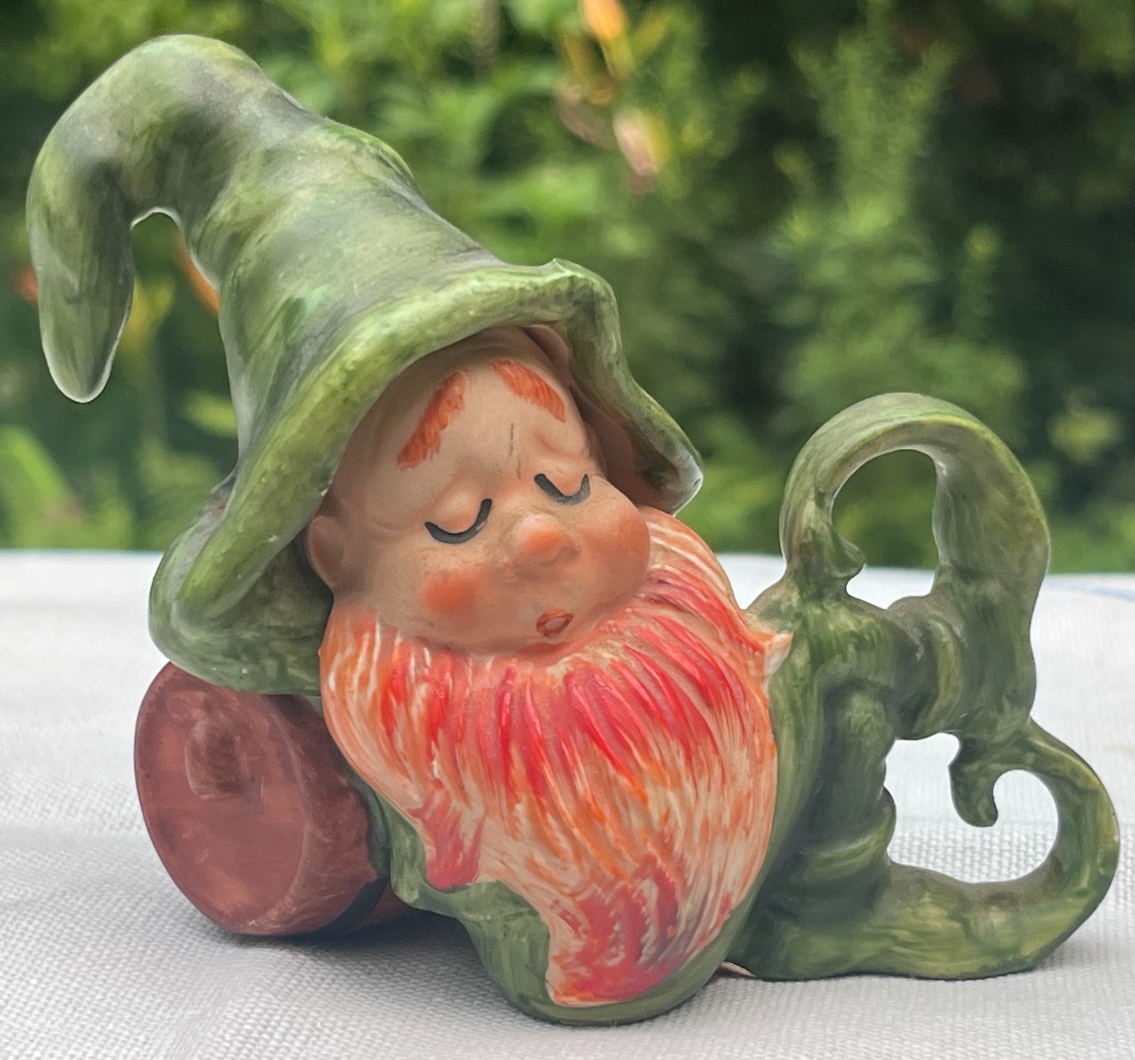 Vintage Lefton Leprechaun Sleeping on Keg/Barrel Elf Pixie St Patrick's Day 3522