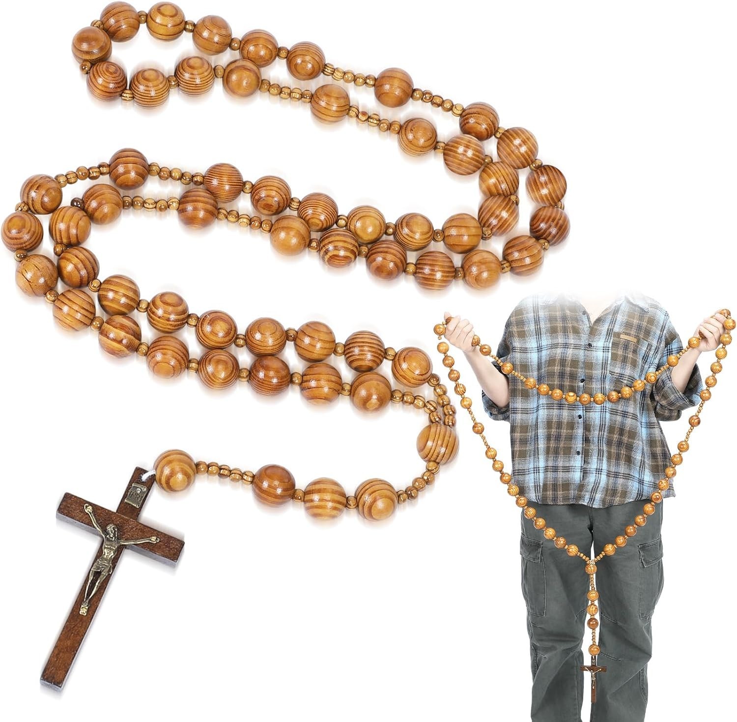 Giant Big Beads Rosario Natural Wood Jesus WOOD  Cross XL Large 36\