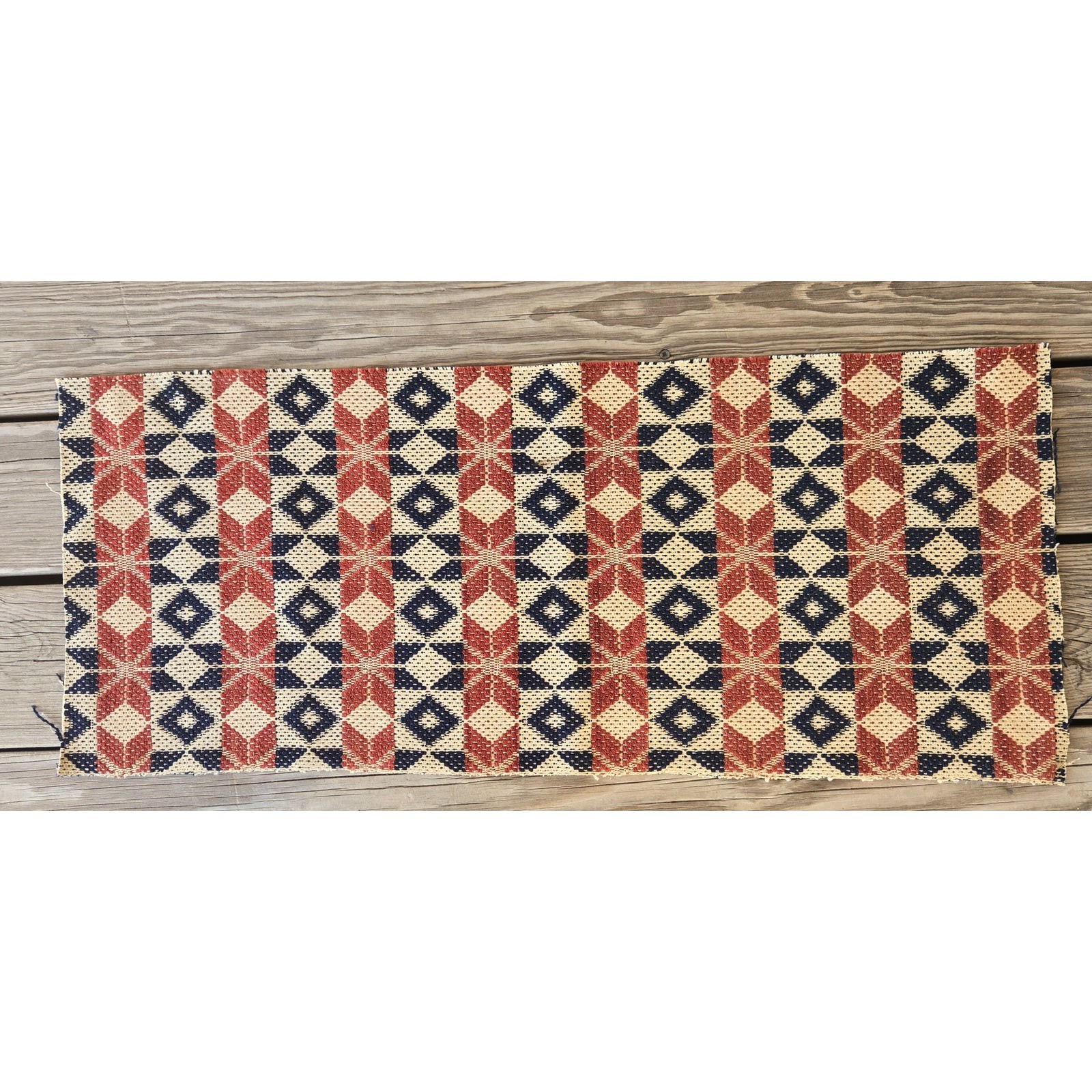 Antique Americana Brick Red Indigo Star Coverlet Piece Runner