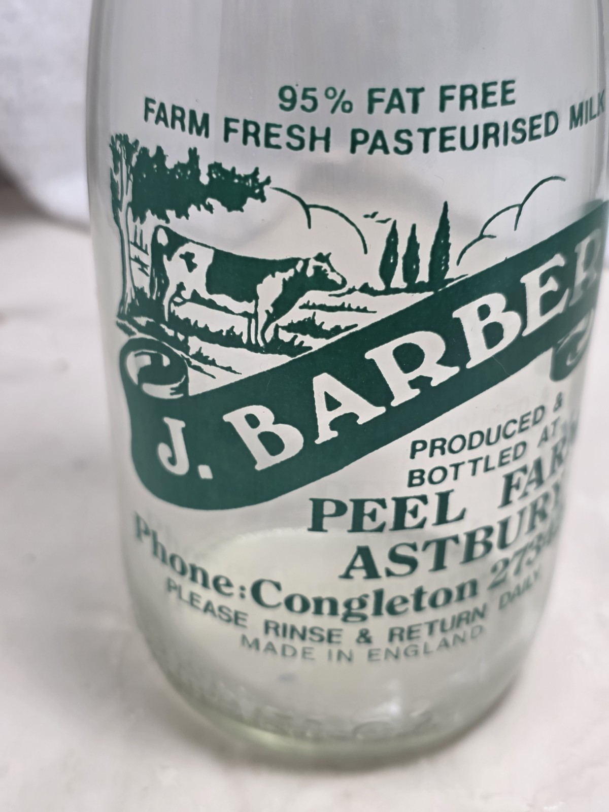 Vintage J. Barber Peel Farm Astbury England Clear Glass Milk Bottle Vintage J. Barber Peel Farm Astbury England Clear Glass Milk Bottle