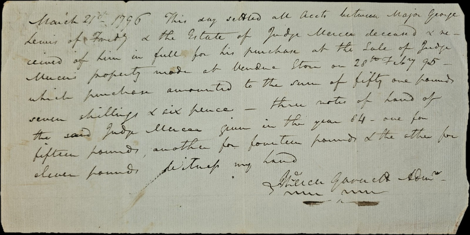 1796 Virginia Estate Settlement, Maj George Lewis & Judge James Mercer - Garnett