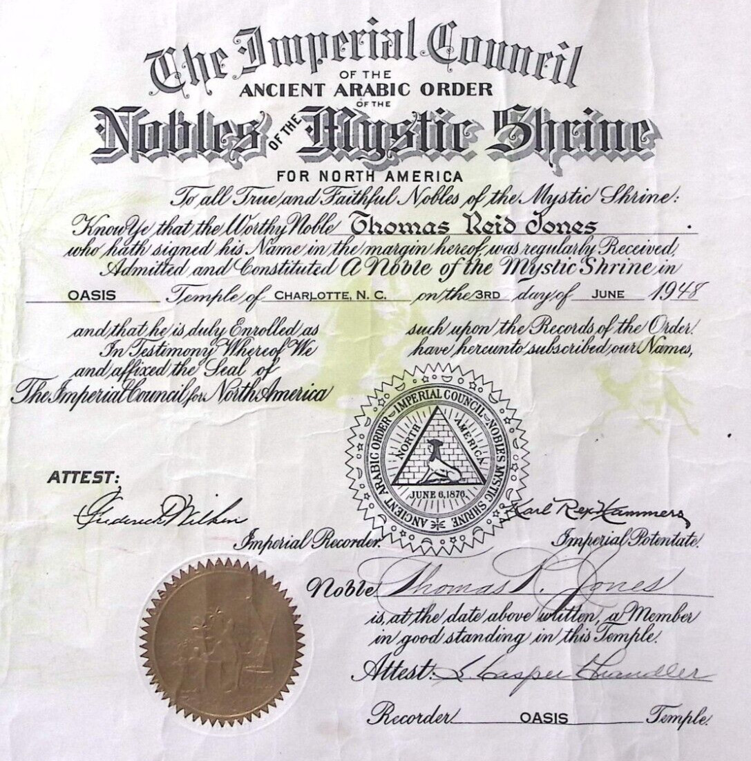 1948 ANCIENT ARAB ORDER NOBLES MYSTIC SHRINE CHARLOTTE NC MEMBER CERTIFICATE W88