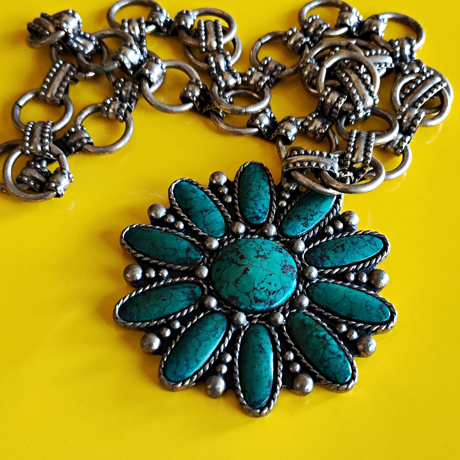 Vintage Native  Faux Turquoise Silver Squash Blossom Necklace Sancrest Maker