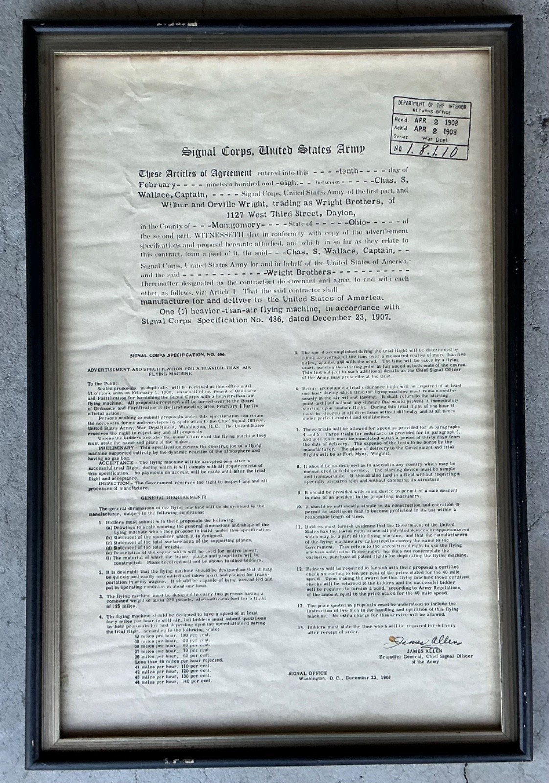 Vintage Framed 1908 Wright Brothers Agreement US Signal Corps Flying Machine