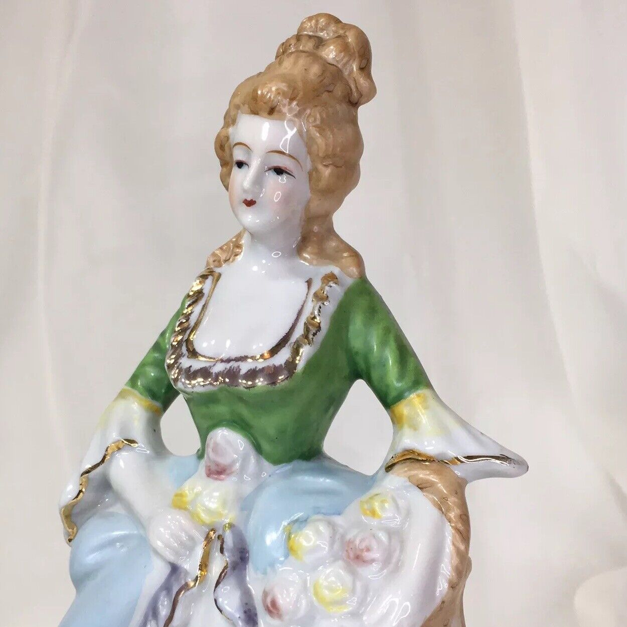 10.5” Victorian Woman With Flower Basket, Gold Trim, Vintage Porcelain, Japan❤️