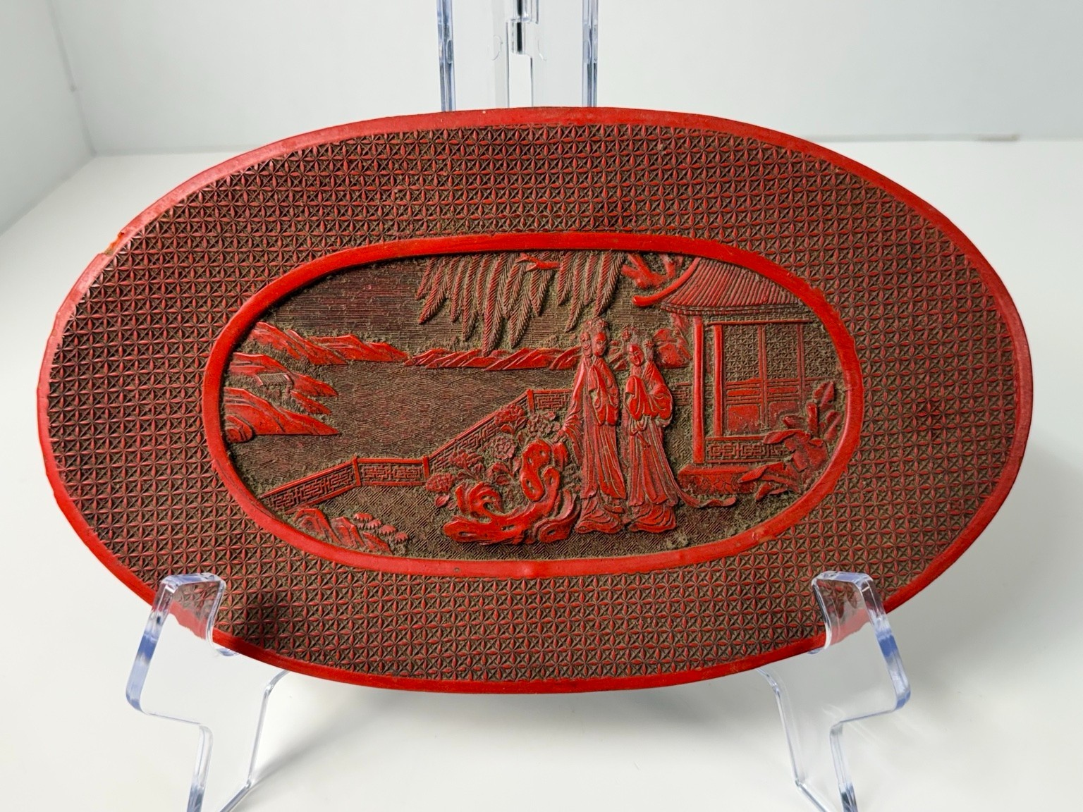Vintage Yun Kang Taiwan Cinnabar Style Lacquer Oval Plate Asian Scene 10\