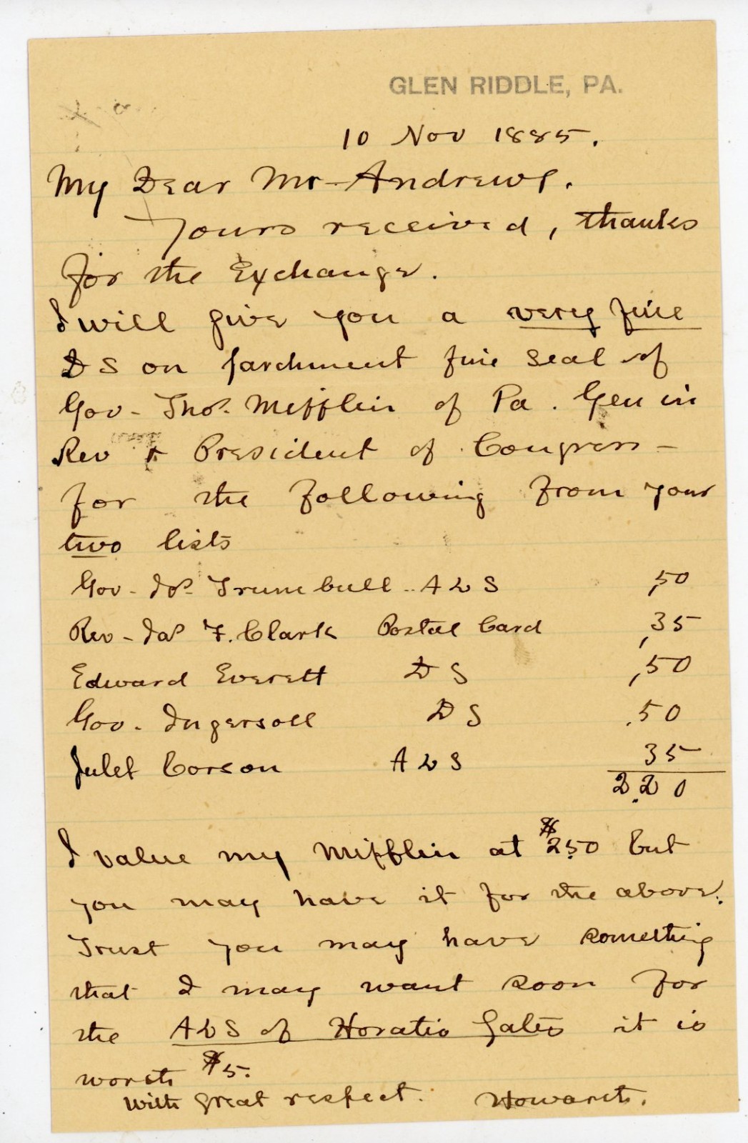 1885 Glen Riddle PA Autograph Collector Letter Thomas Mifflin Horatio Gates