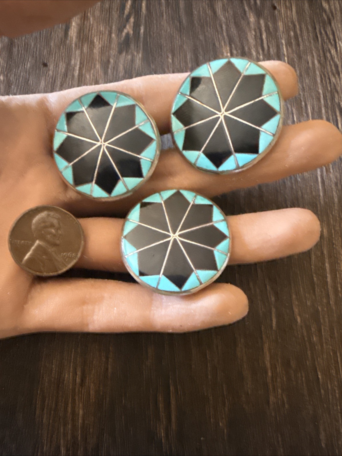 Vtg Zuni Turquoise Mosaic Inlay Sterling Silver Pin & Clip Earrings Singed D.C