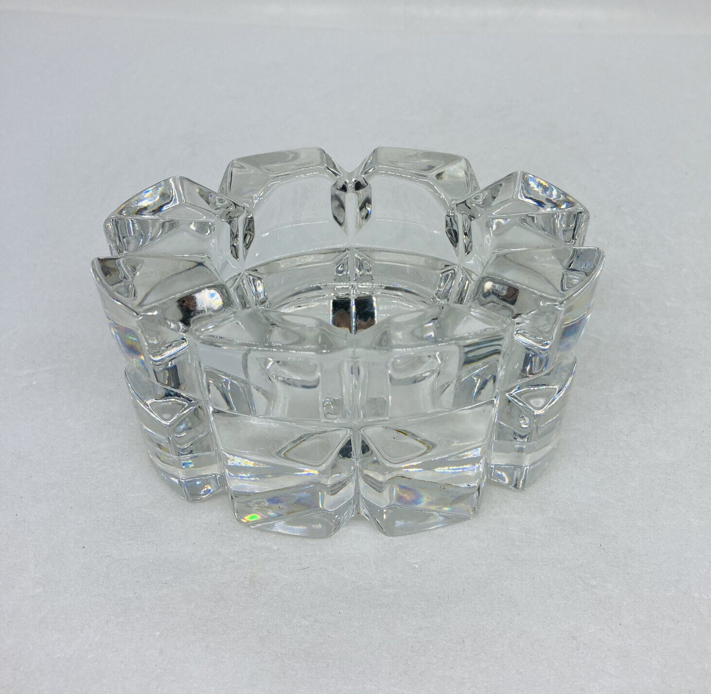 Vintage 1980s Crystal Glass Ashtray Heavy Geometric Abstract Oval Decor X