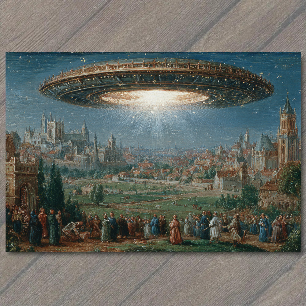 POSTCARD Medieval UFO Arrival City Crowd Night Sky Mystery Encounter Vision