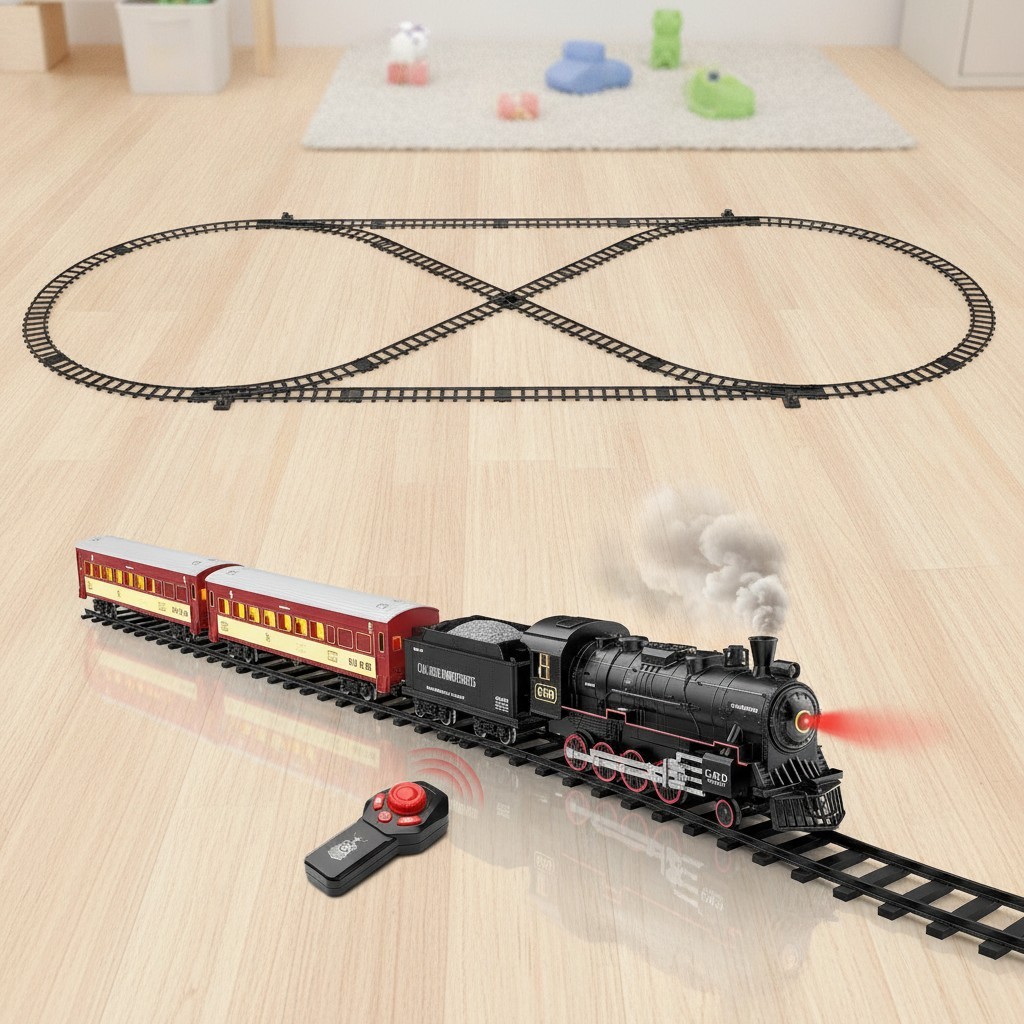 RC Train Set, Alloy Steam Locomotive with Light-Up Cars and Tracks