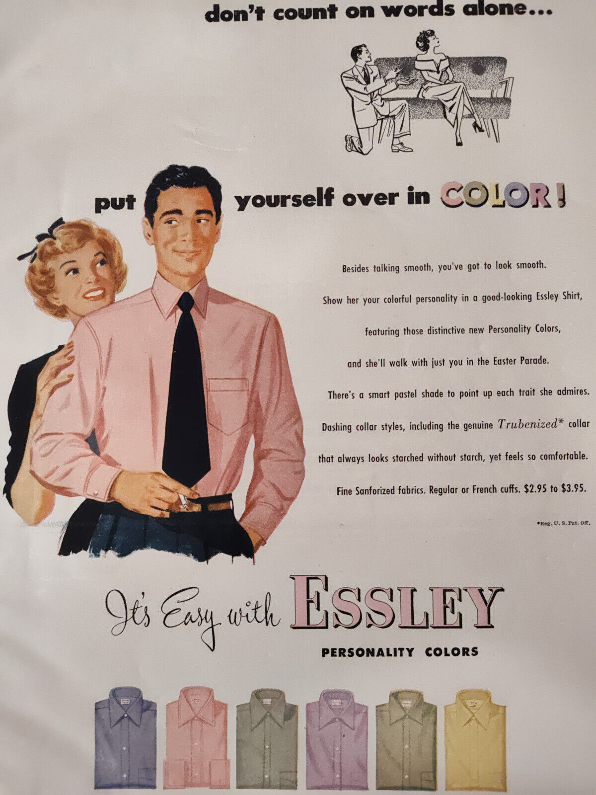 1949 Original Esquire Art Ad Advertisements ESSLEY Shirts CHRYSLER Automobile