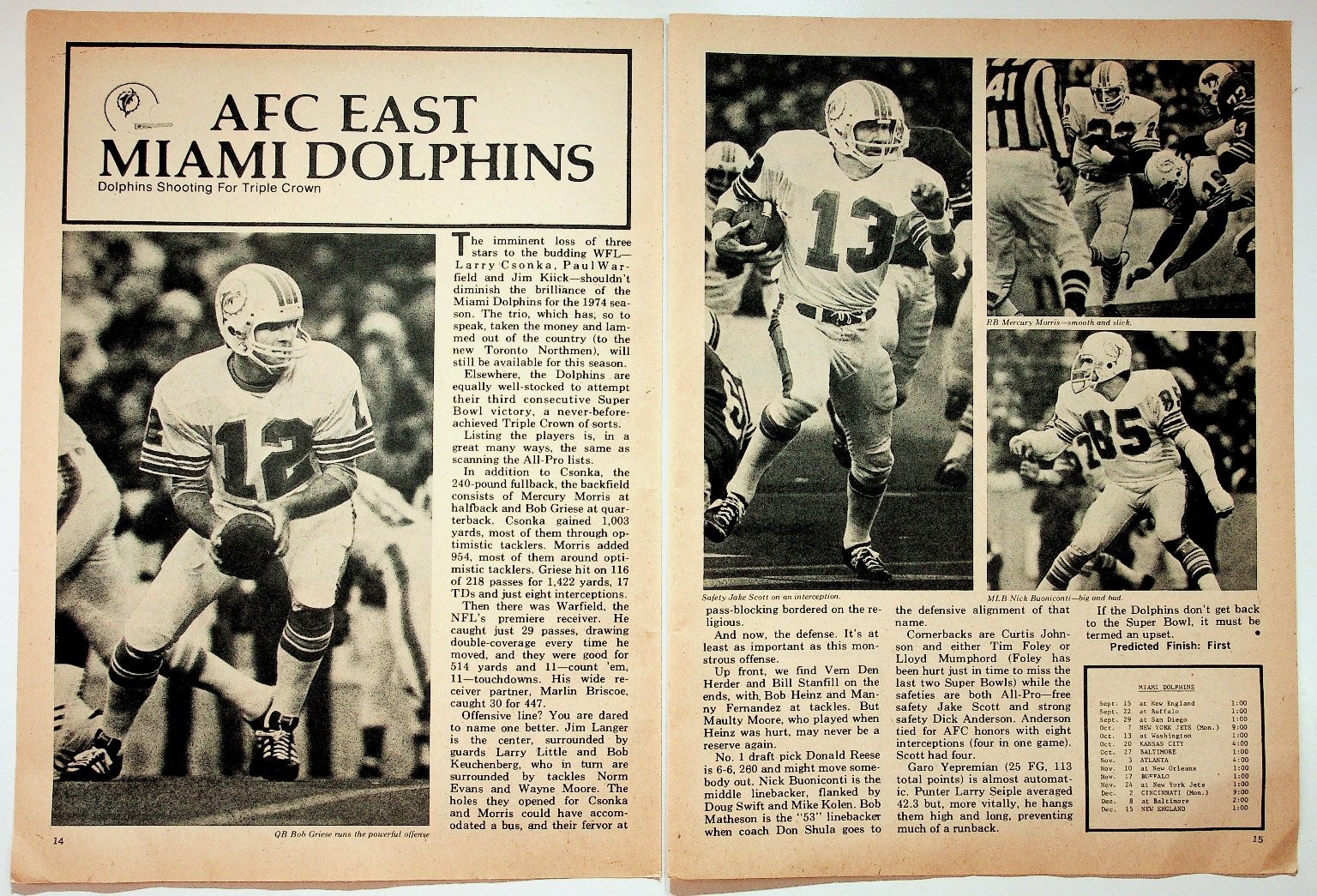 Vintage 1974 Miami Dolphins AFC East Magazine Print Ad Bob Griese Mercury Morris Vintage 1974 Miami Dolphins AFC East Magazine Print Ad Bob Griese Mercury Morris